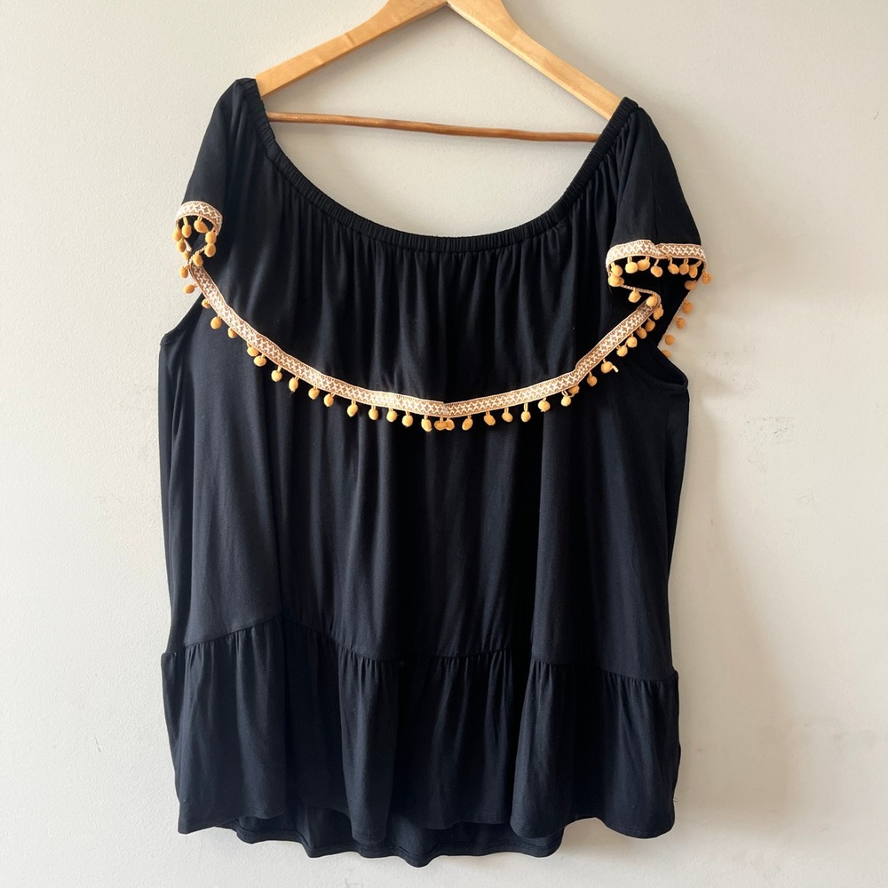 Lane Bryant Pom Pom Trim Peplum Top Boho Black 22/24 NWT Off Shoulder